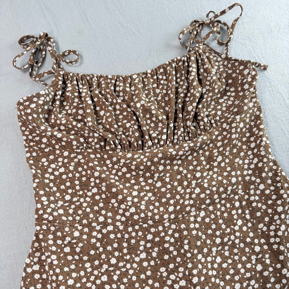 Cottagecore Soft Girl Floral Romper Women Medium Brown Smocked Tie Strap Ditsy - Picture 4 of 9